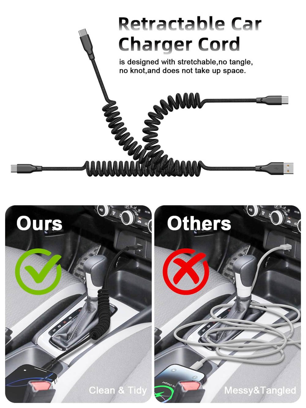 Car Carplay Cable 2Pack 3ft Coiled USB A to USB C Fast Charge Cord for iPhone 17/16/15/Plus/Pro Max/MacBook Pro, Auto Coiled Retractable iPhone Car Cord – Bild 2