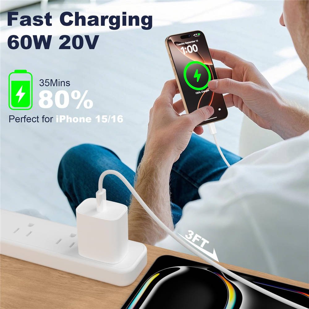 USB C to USB C Cable 3FT 2 Pack, Nylon Braided 60W Type C Charger Fast Charging, iPhone 15 16 17 Charger Cord, USBC to USBC Cable for iPhone 15 16 17 Pro Plus Pro Max/iPad Pro/Air - Image 2
