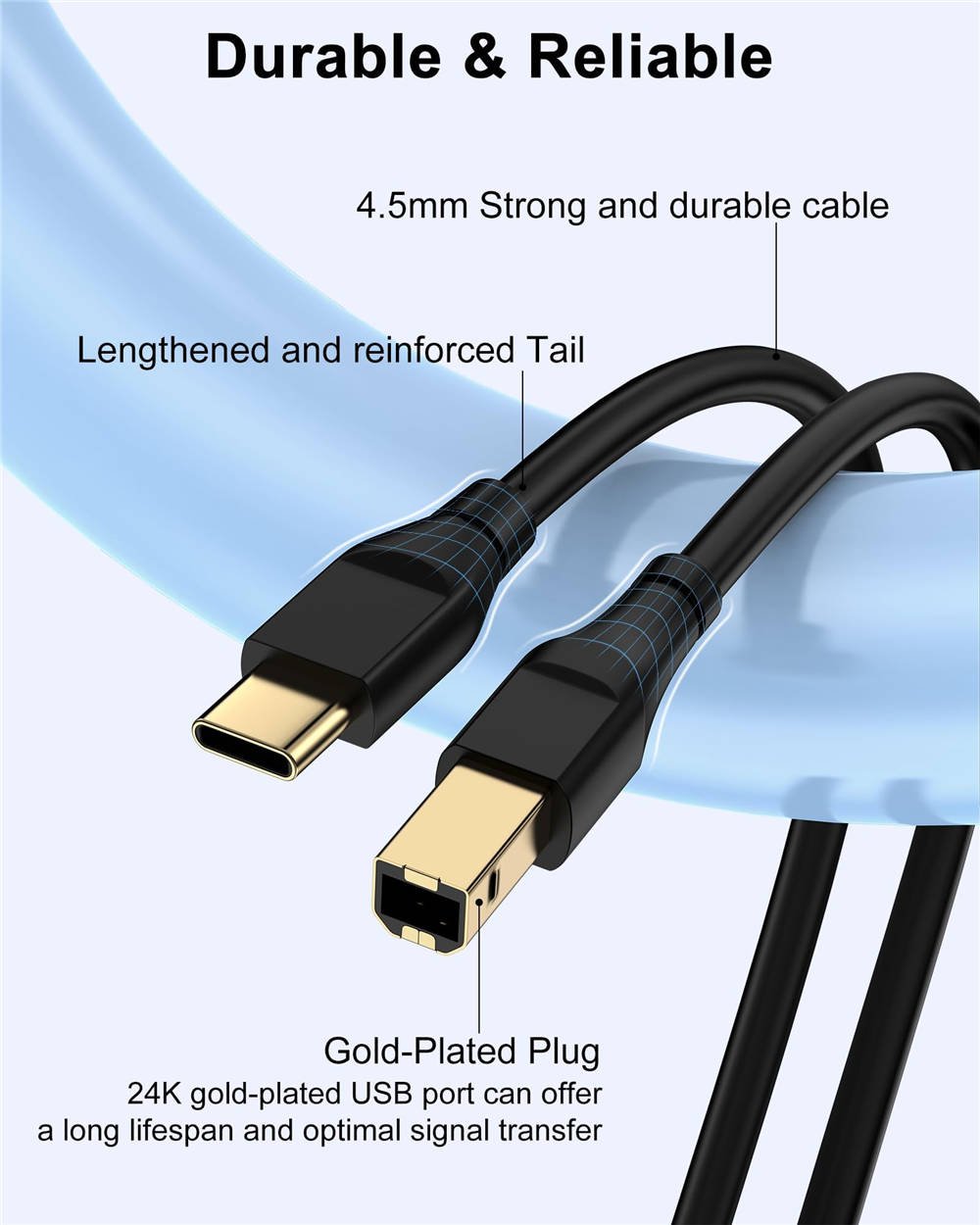HP Printer Cable 6ft, Square USB A to USB B Cable for Printer/Scanner Epson, HP, Canon, Brother, Ethernet Print Smoothly Connect to Computer/Laptop/Pc - USB 2.0 Type B Impresora Midi Long Cord, 6 Foot - Image 3