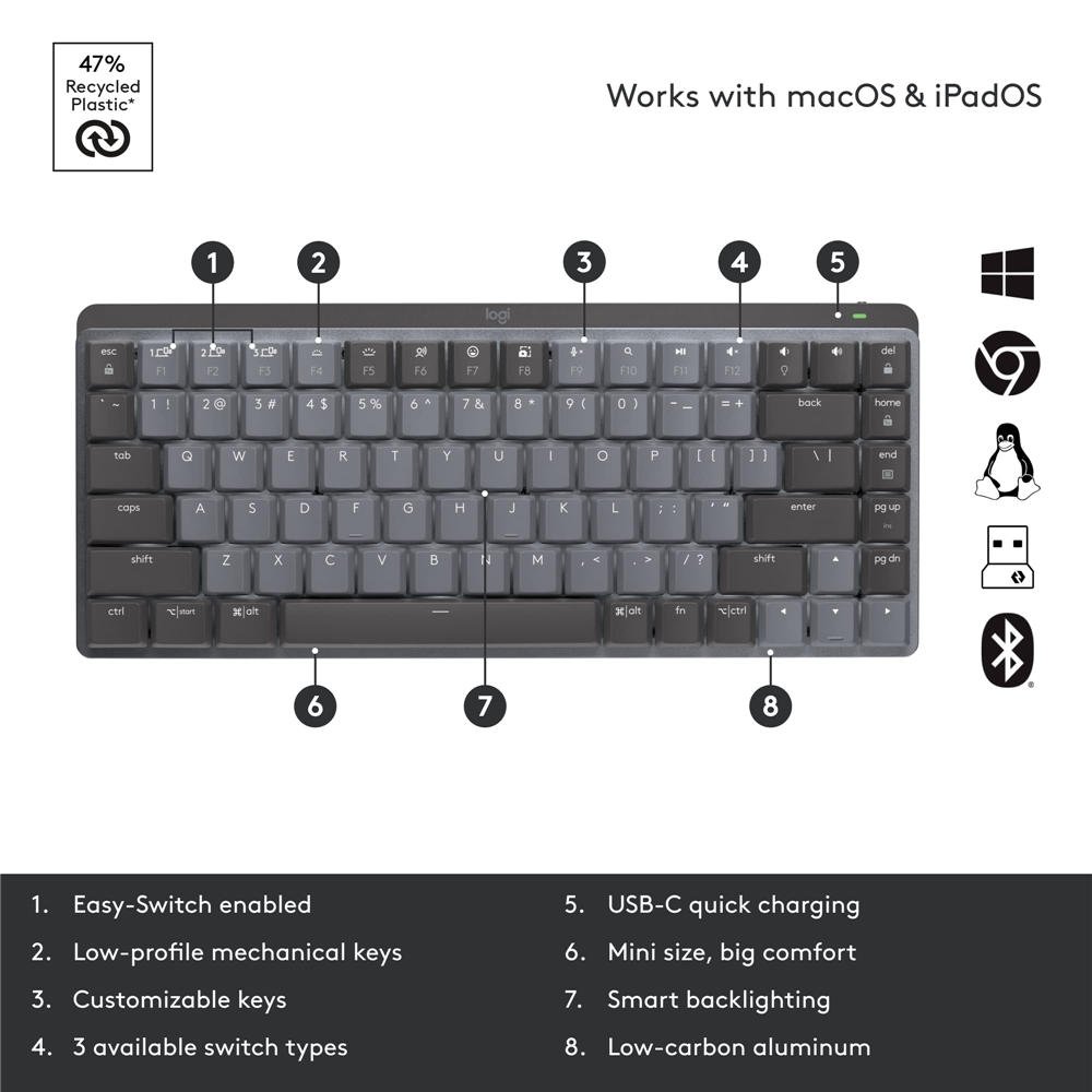 MX Mechanical Wireless Illuminated Performance Keyboard, Tactile Quiet Switches, Backlit Keys, Bluetooth, USB-C, macOS, Windows, Linux, iOS, Android, Metal, Graphite - Afbeelding 7