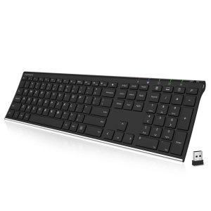 2.4G Wireless Keyboard Edelstahl Ultra Slim Full Size Keyboard mit Ziffernblock für Computer/Desktop/PC/Laptop/Surface/Smart TV und Windows 10/8/ 7 Eingebauter wiederaufladbarer Akku