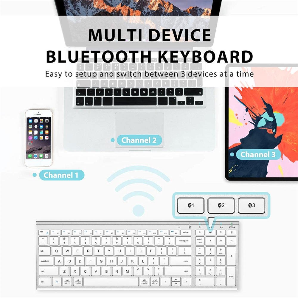 BK10 Bluetooth Keyboard, Universal Bluetooth 5.1 Wireless Keyboard with Number Pad, Ergonomic Design, Multi-Device Compatibility, Stable Connection for Mac, iPad, iPhone, Android, Windows - Immagine 2