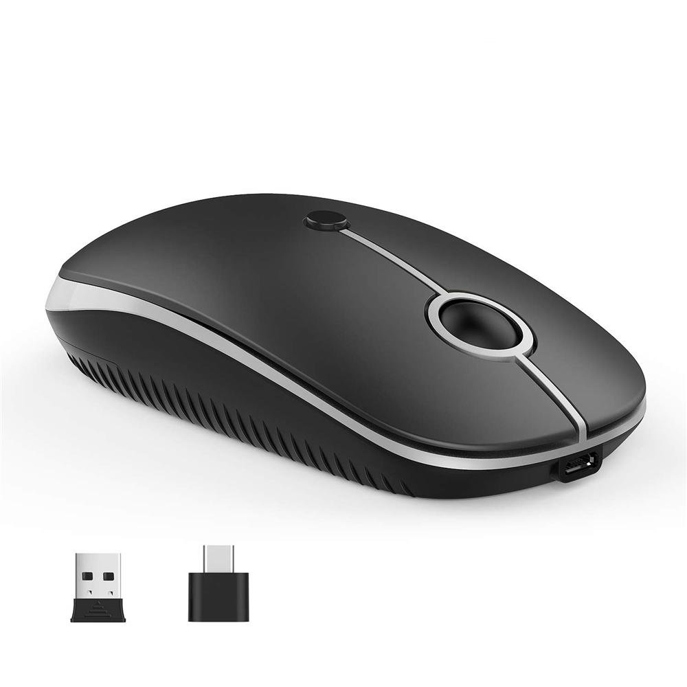 Ratón Inalámbrico Tipo C, Ratón Inalámbrico USB C MacBook Ratón Inalámbrico Modo Dual 2.4G con Nano USB y Receptor Tipo C Compatible con PC, Portátil, MacBook y Todos los Dispositivos Tipo C-Negro y Plata
