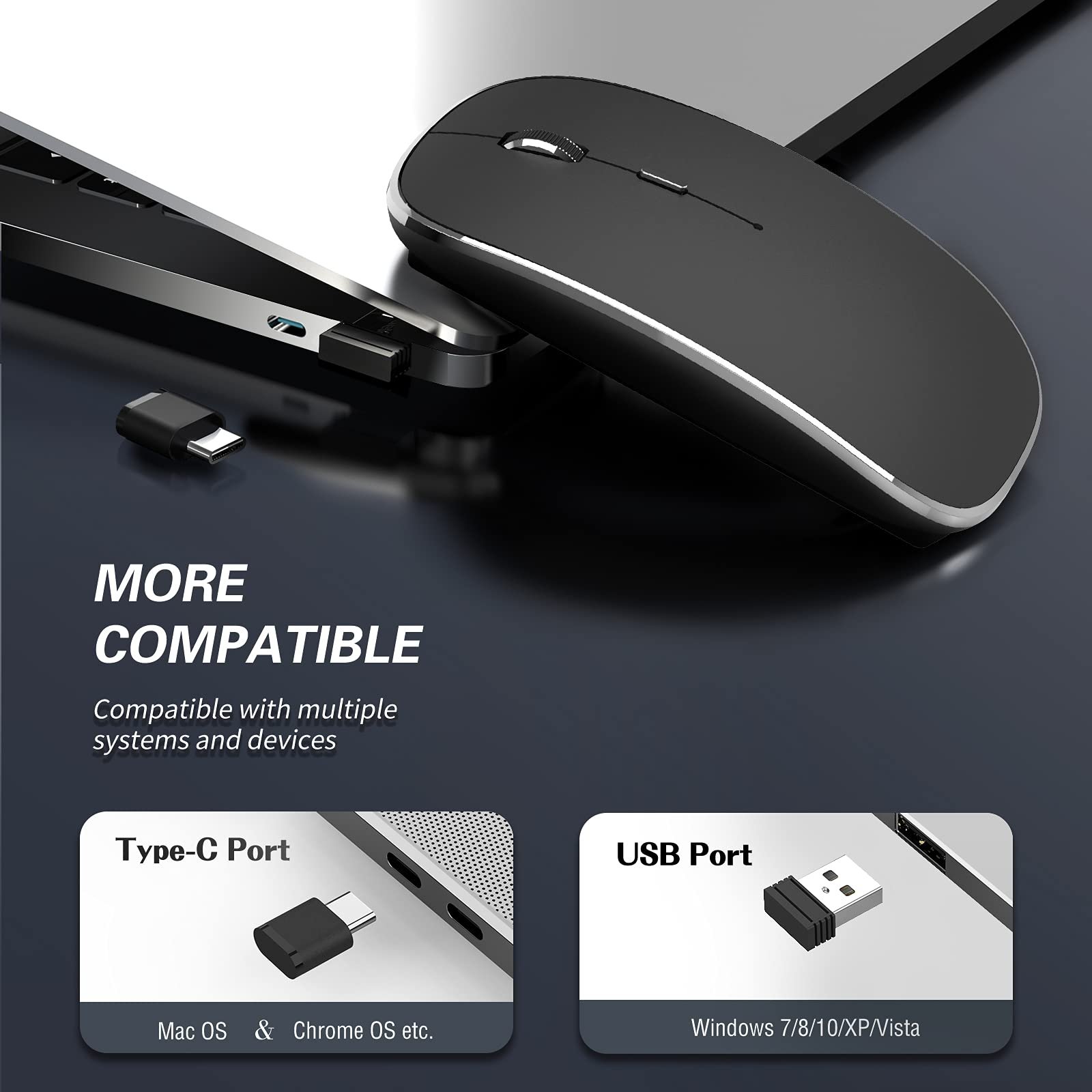 Wireless Mouse Chargeable Portable Silent USB-A and Type-C Dual Mode Wireless Mouse 3 Adjustable DPI for Laptop, Mac, Android, PC (Q23S Black) (Black) – Bild 3