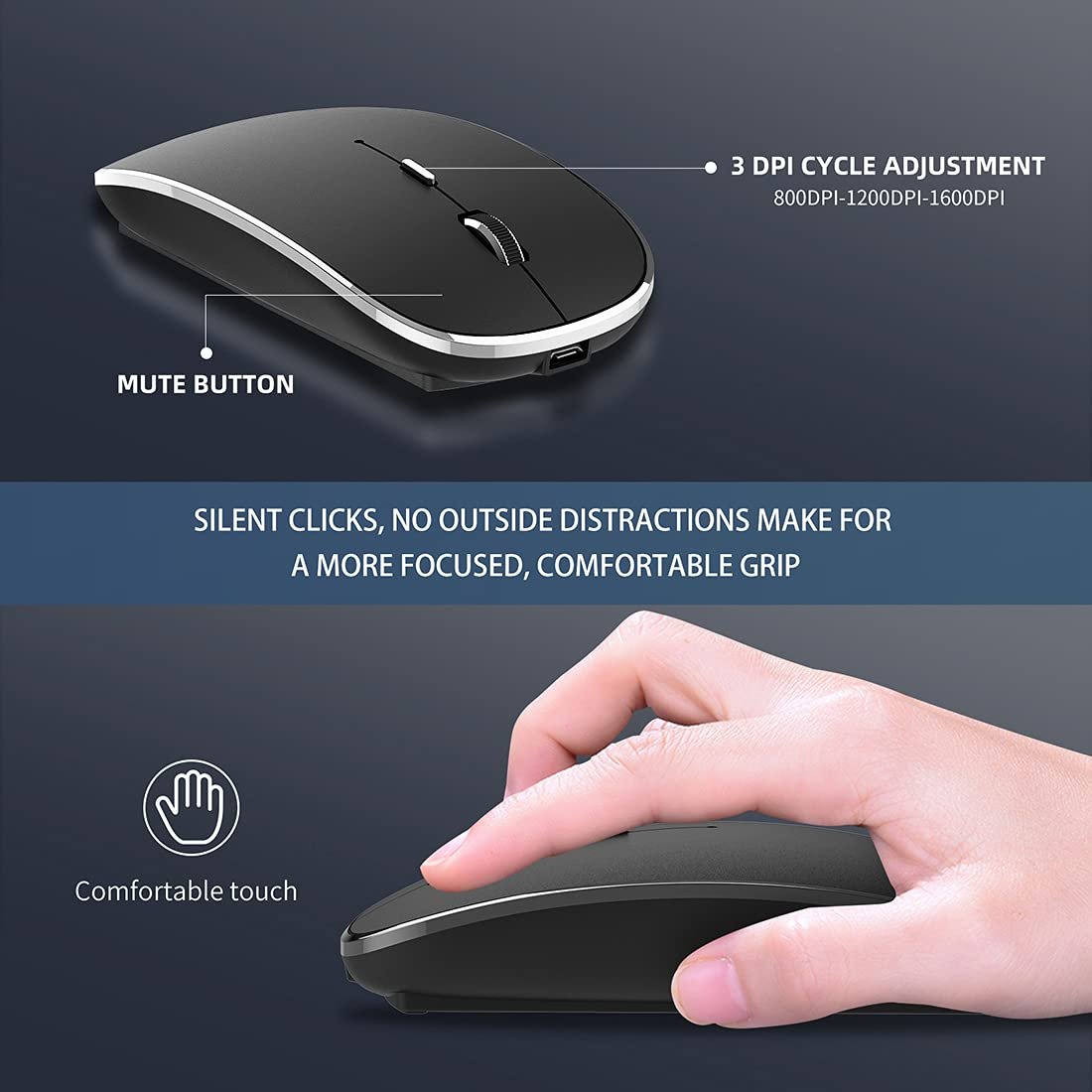 Wireless Mouse Chargeable Portable Silent USB-A and Type-C Dual Mode Wireless Mouse 3 Adjustable DPI for Laptop, Mac, Android, PC (Q23S Black) (Black) – Bild 5