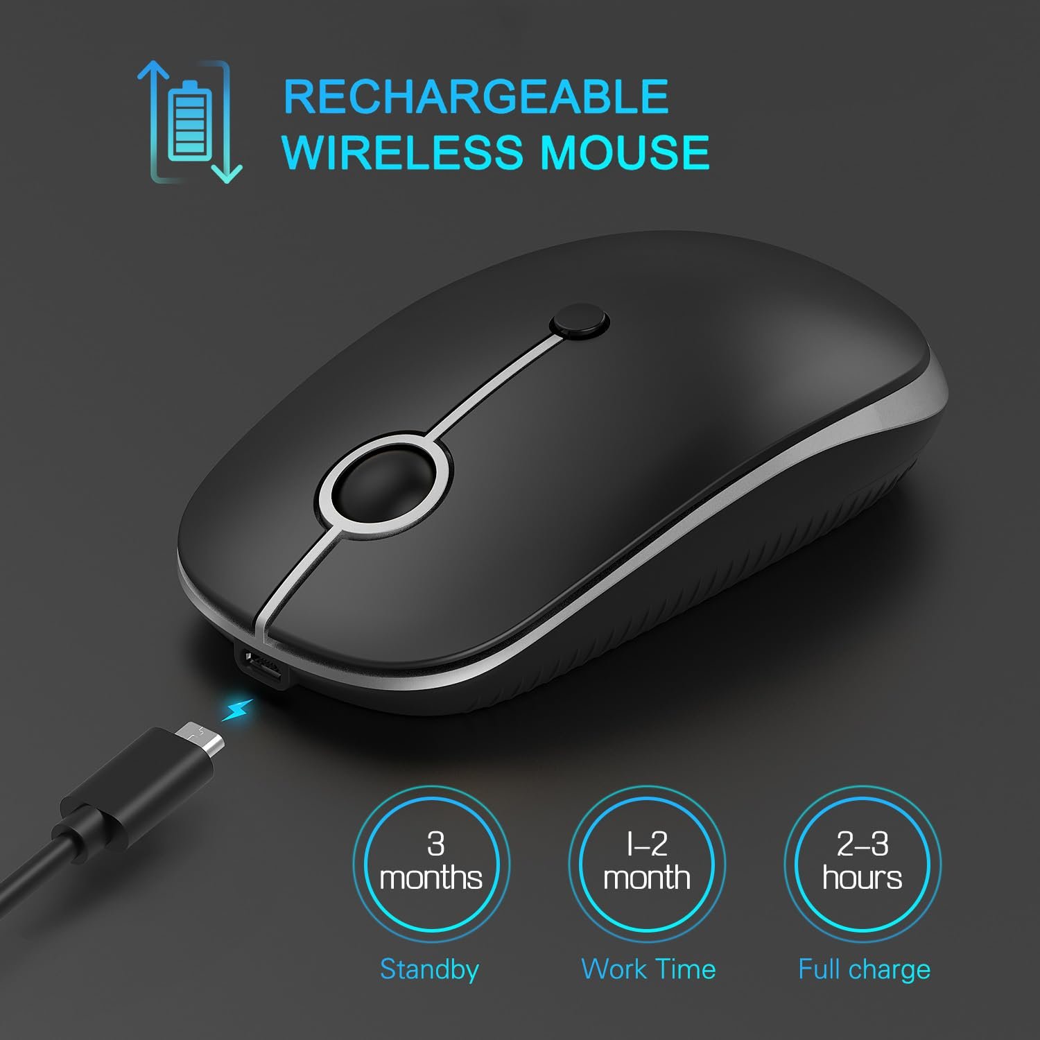 Type C Wireless Mouse, USB C MacBook Wireless Mouse Dual Mode 2.4G Cordless Mice with Nano USB and Type C Receiver Compatible with PC, Laptop, MacBook and All Type C Devices-Black and Silver - Afbeelding 7