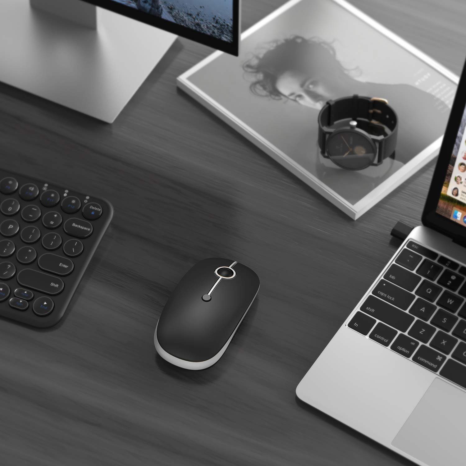 Type C Wireless Mouse, USB C MacBook Wireless Mouse Dual Mode 2.4G Cordless Mice with Nano USB and Type C Receiver Compatible with PC, Laptop, MacBook and All Type C Devices-Black and Silver - Afbeelding 2