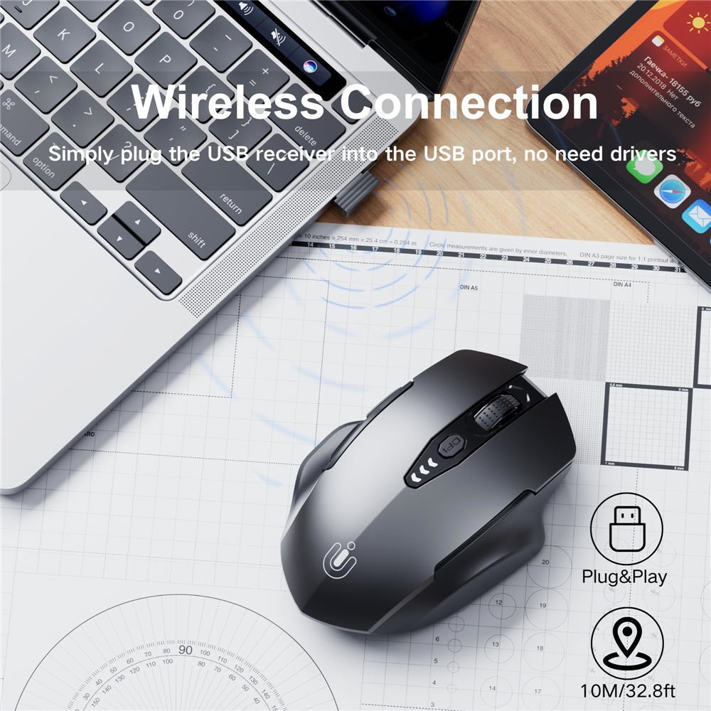 Wireless Mouse,Upgraded 2.4GHz Rechargeable (Battery Level Visible) Ergonomic Computer Mouse,4 Levels DPI, Wireless Mice for Laptop Computer(Matte Black) - Imagen 2